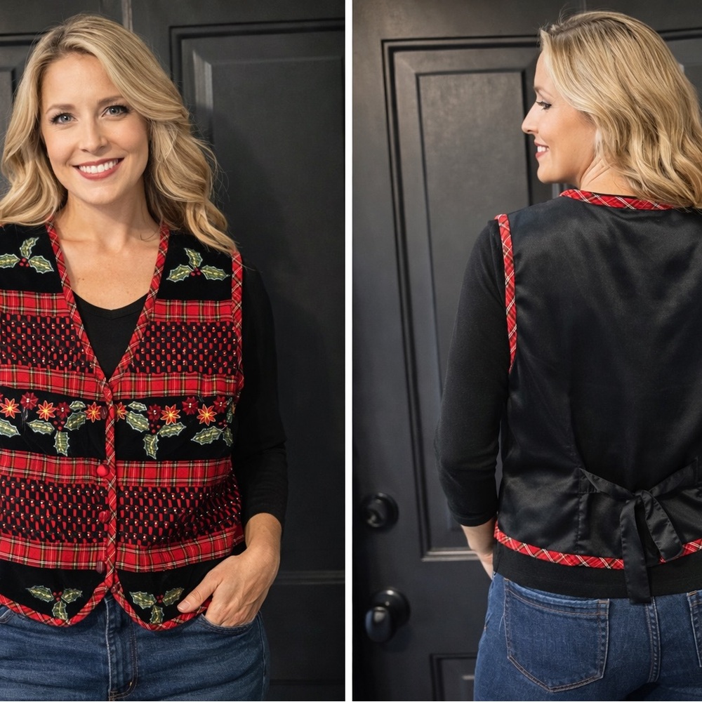 Tantrums Red and Black Plaid Vest with Festive Floral Embroidery